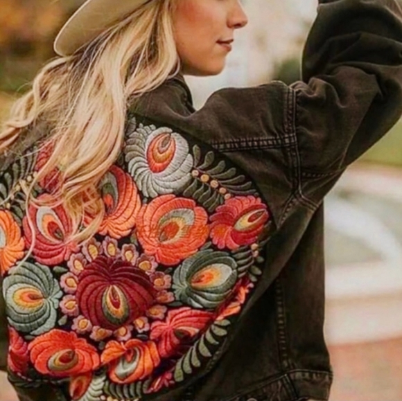 New Peasant Embroidered Floral Denim Jean Jacket Oversized Coat Black - Picture 2 of 12